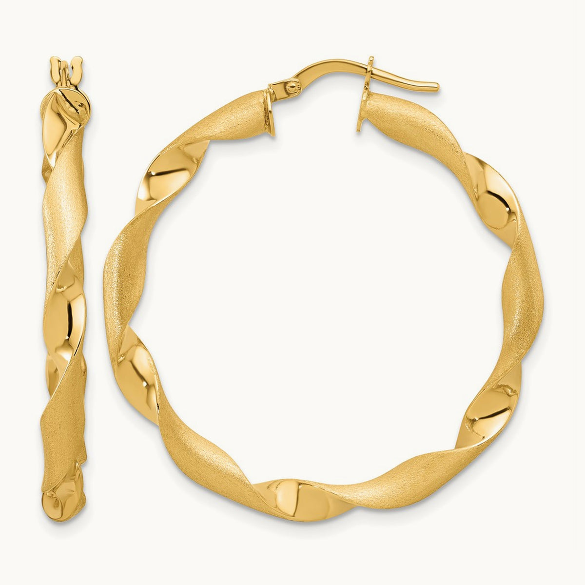 Polished and Brushed Twisted Hoop Earrings — 14K Yellow Gold, 39mm