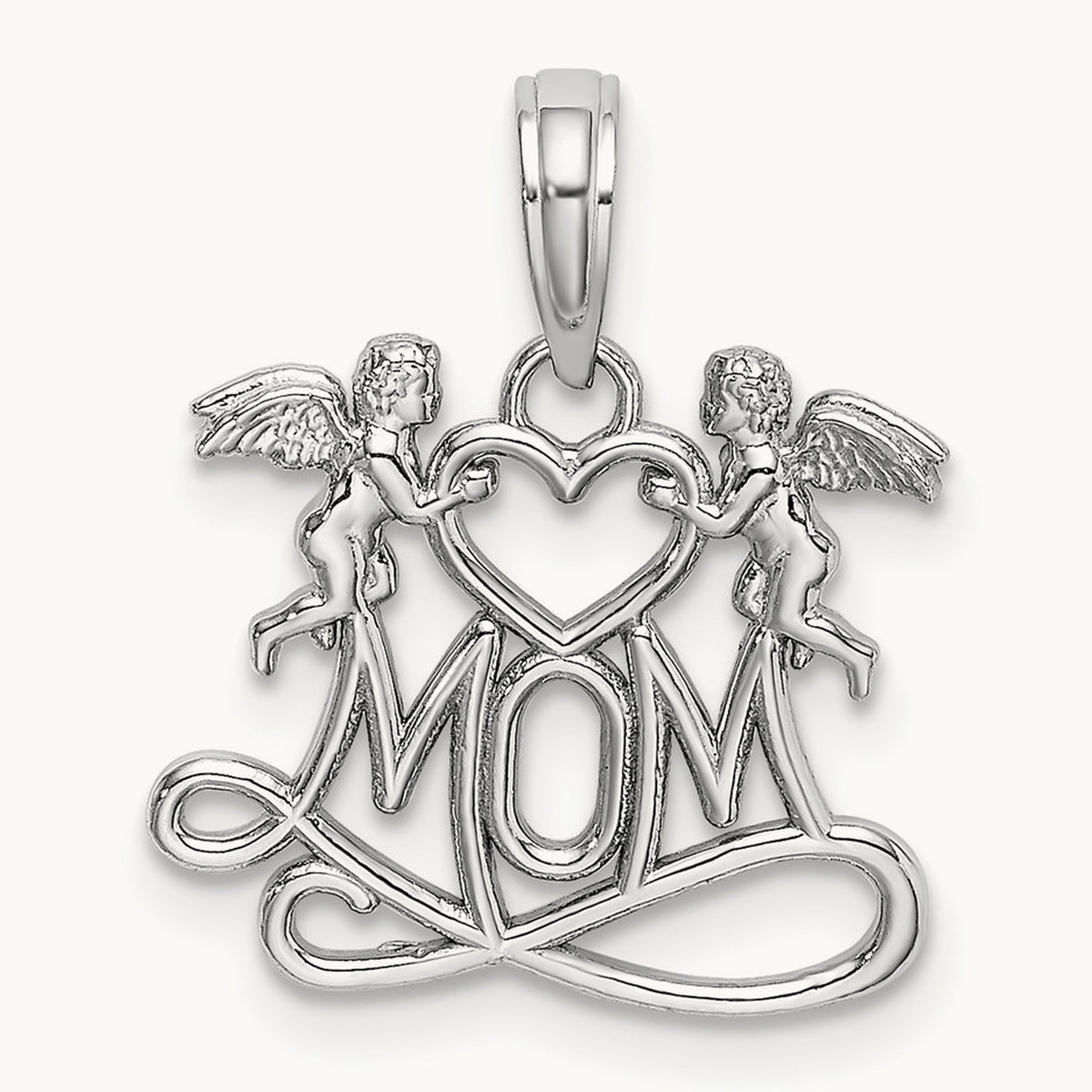 Polished MOM with Heart and Angels Pendant in 14K White Gold
