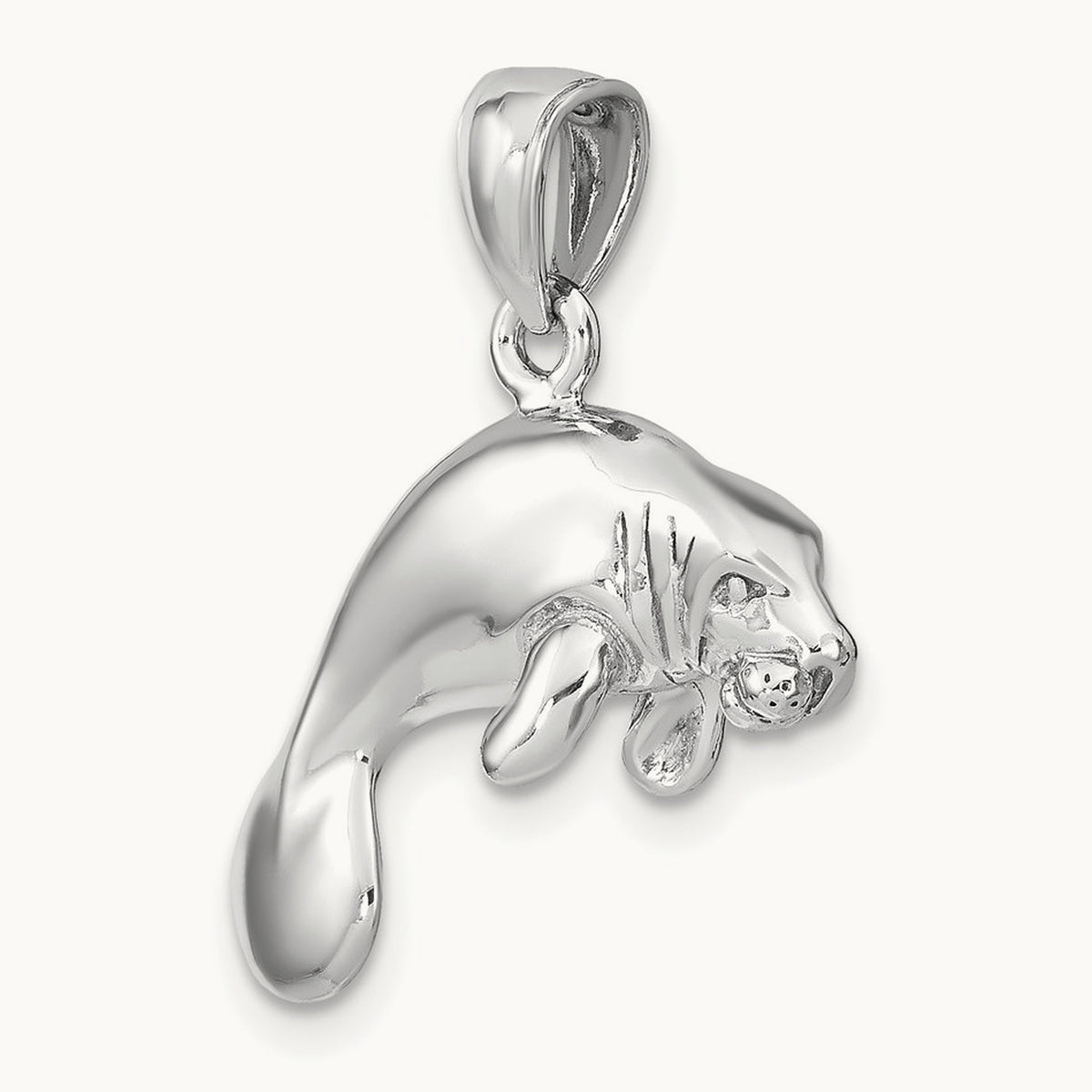 3-D Polished Swimming Manatee Charm — 14K White Gold