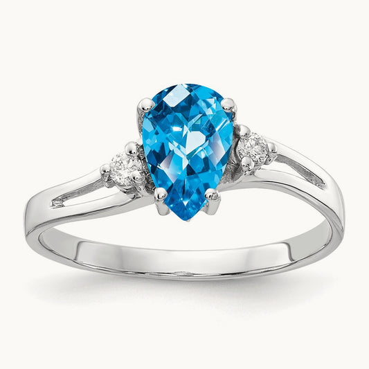 7x5mm Pear Blue Topaz Checker AA Diamond ring, 14K White Gold