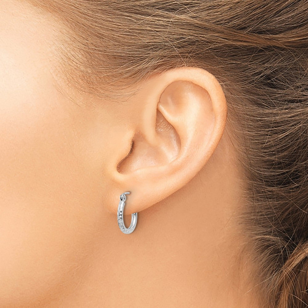 Diamond-cut Round Tube Hoop Earrings — 14K White Gold
