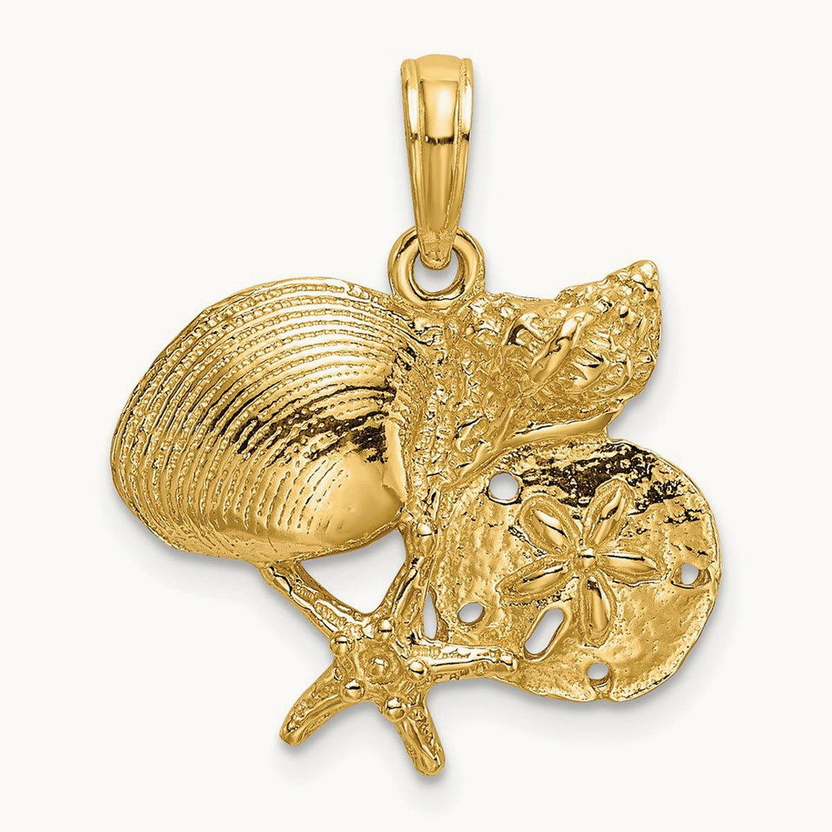 Polished Shell, Starfish and Sand Dollar Cluster Charm, 14K