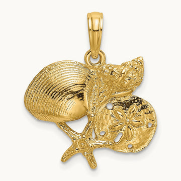 Polished Shell, Starfish and Sand Dollar Cluster Charm, 14K
