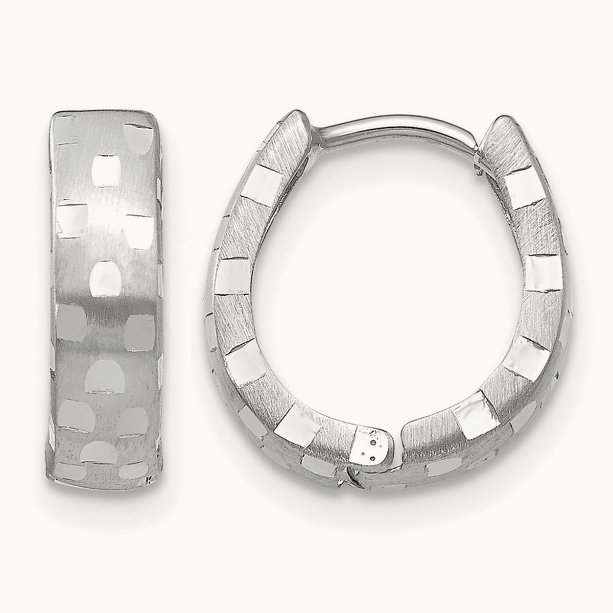 Diamond Cut Patterned Hinged Hoop Earrings — 14K White Gold