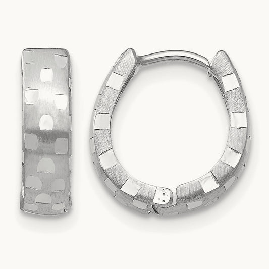Diamond Cut Patterned Hinged Hoop Earrings — 14K White Gold