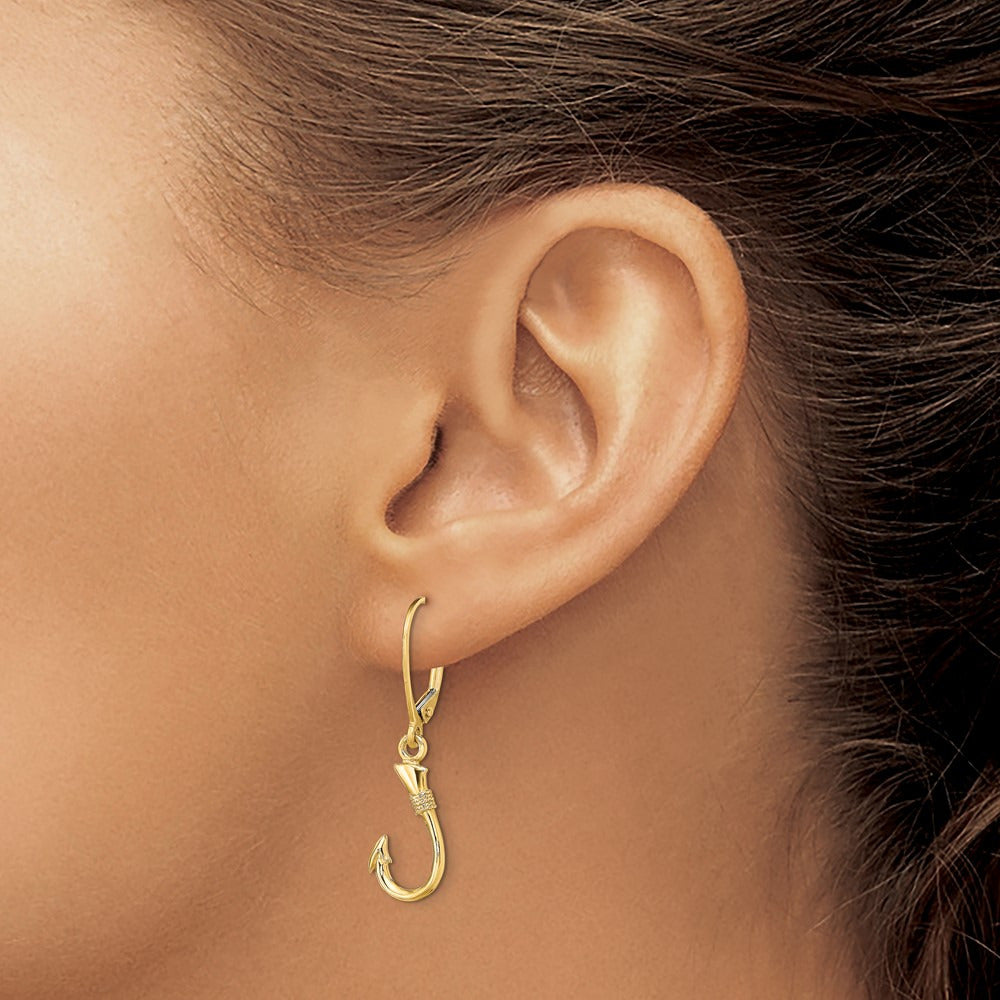 3-D Fish Hook Leverback Earrings — 14K Yellow Gold