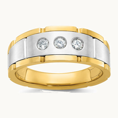 IBGoodman 14K Two-tone Men's Polished Satin and Grooved 3-Stone 1/4 Carat AA Quality Diamond Ring