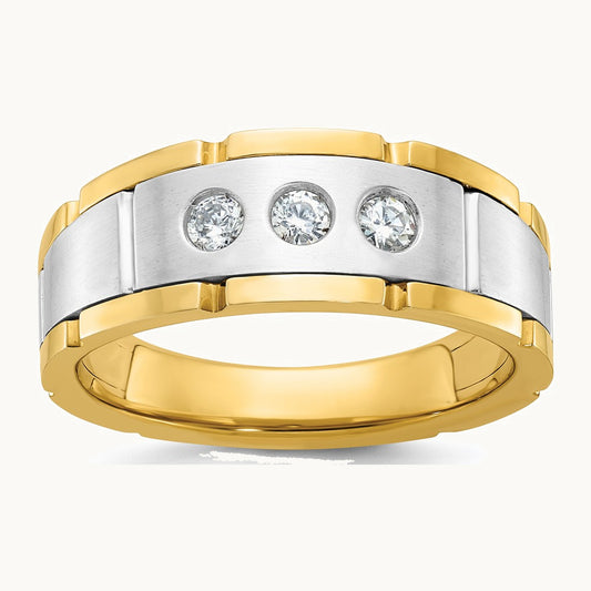 IBGoodman 14K Two-tone Men's Polished Satin and Grooved 3-Stone 1/4 Carat AA Quality Diamond Ring
