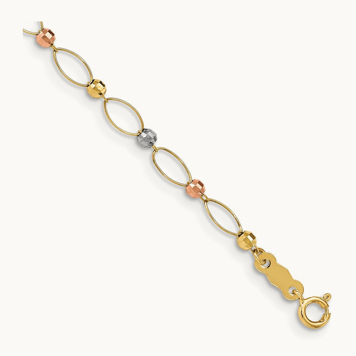 Tri-color Oval Link Tri-color Mirror Beads Bracelet, 14K