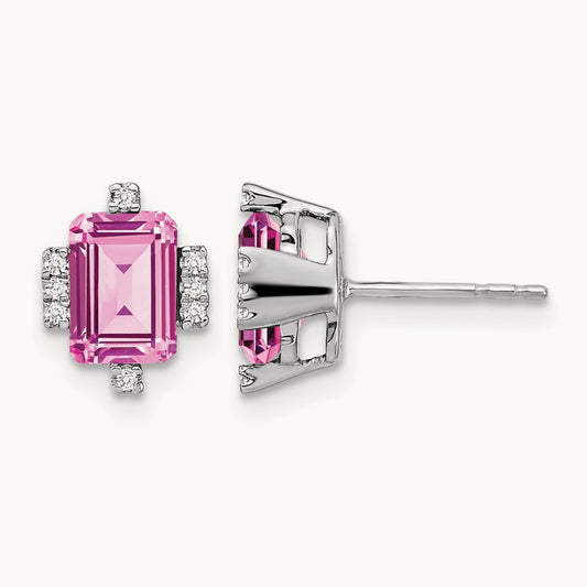 Emerald-shape Creat. Pink Sapphire/Diamond Earrings, 14K White Gold