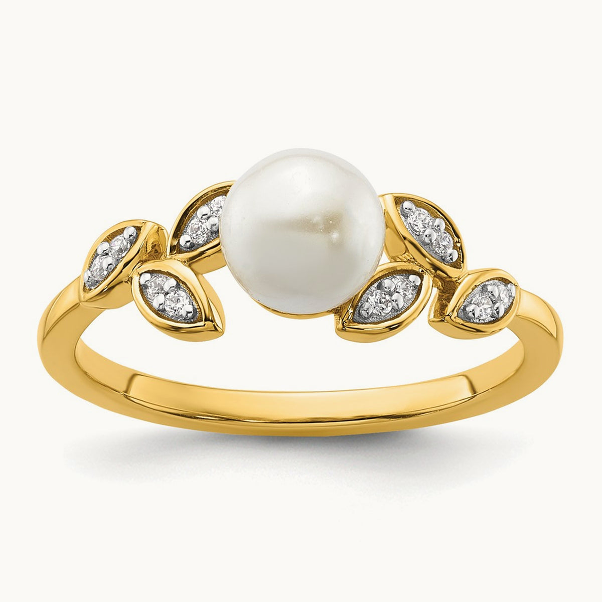 Polished Diamond and Pearl Leaf Fashion Ring, 14K