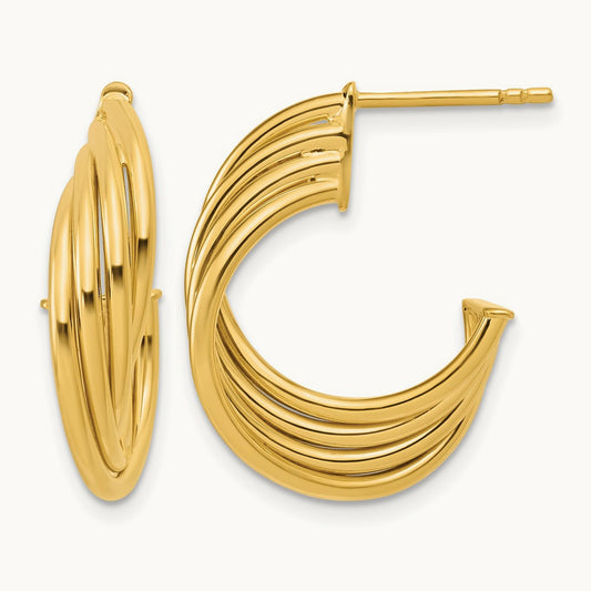 Polished 3-Row Twist J-Hoop Post Earrings — 10K Yellow Gold