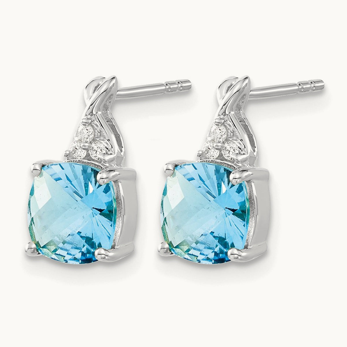 Checkerboard Blue Topaz and Diamond Earrings — 14K White Gold