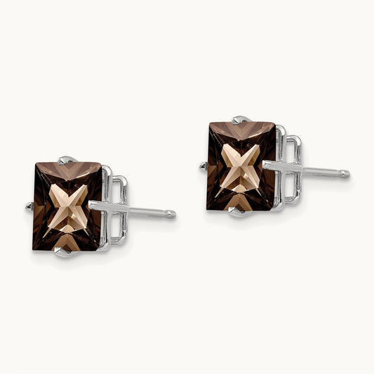 Princess 4-Prong Checker-Cut Smoky Quartz Earrings, 8.0mm, 14K White Gold