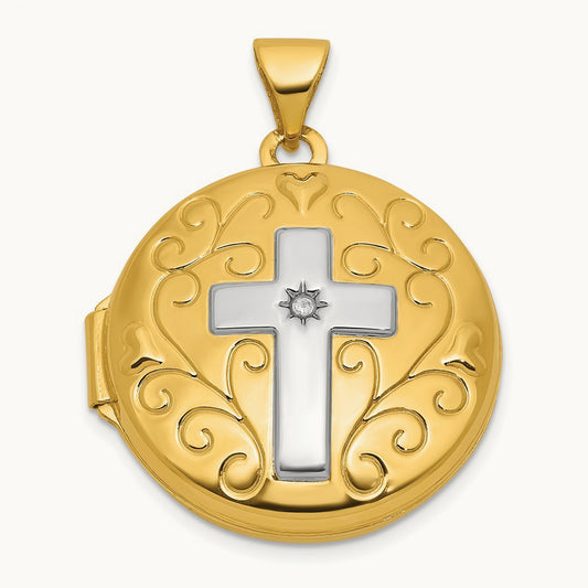 & Rhodium Diamond Polished Cross Round Locket, 20mm, 14K
