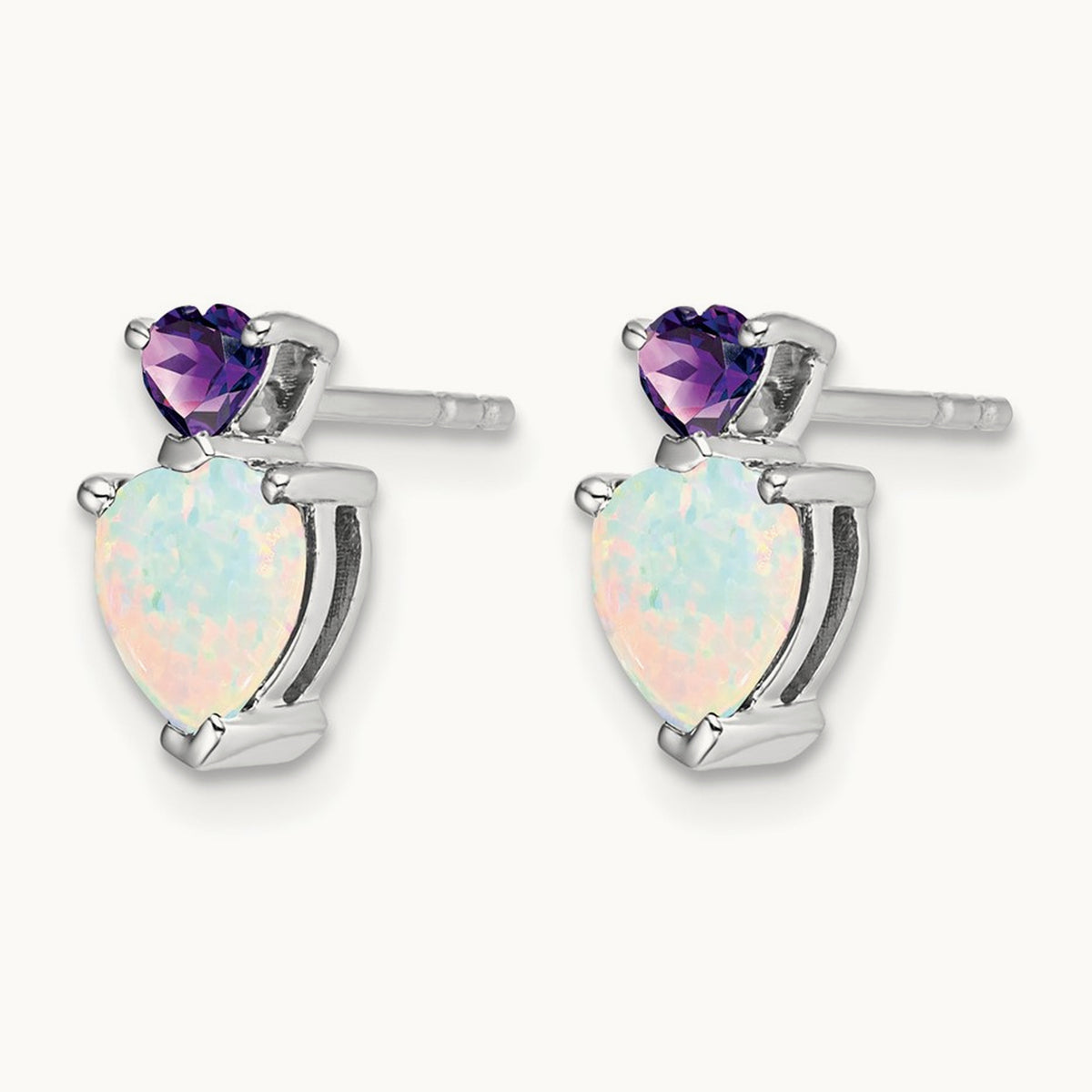 Created Opal and Amethyst Heart Earrings, 14K White Gold
