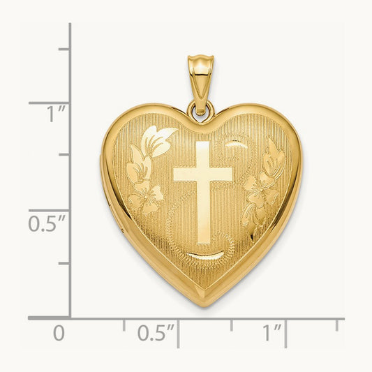 Textured & D/C Floral Cross Ash Holder Heart Locket, 14K