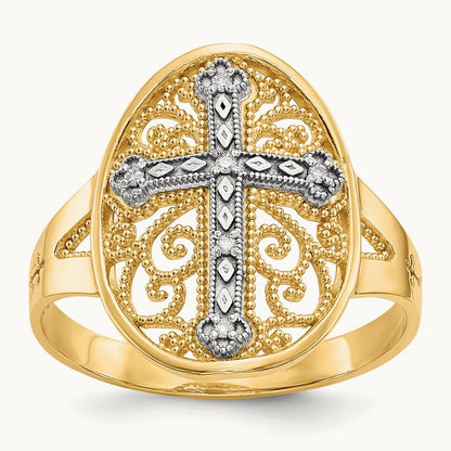 & White Gold Diamond Filigree Cross Ring, 14K Yellow