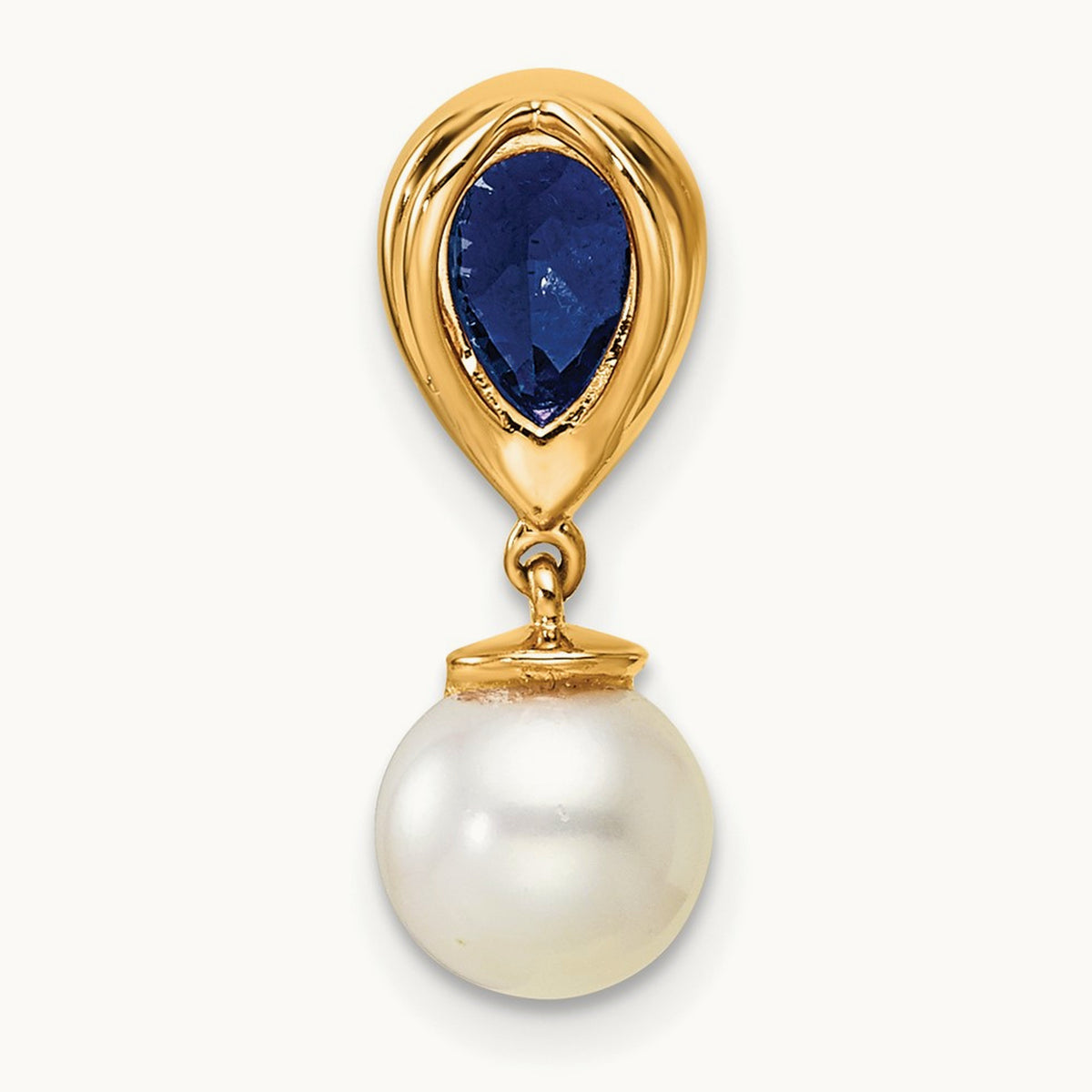 Polished Diamond Pearl and Sapphire Teardrop Chain Slide, 14K