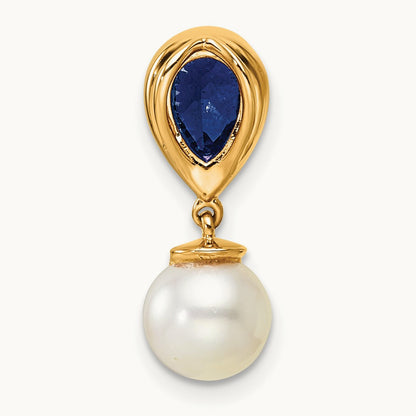 Polished Diamond Pearl and Sapphire Teardrop Chain Slide, 14K