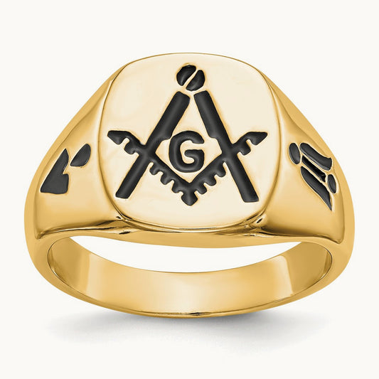 Men's Polished and Grooved with Black Enamel Masonic Ring, 14K