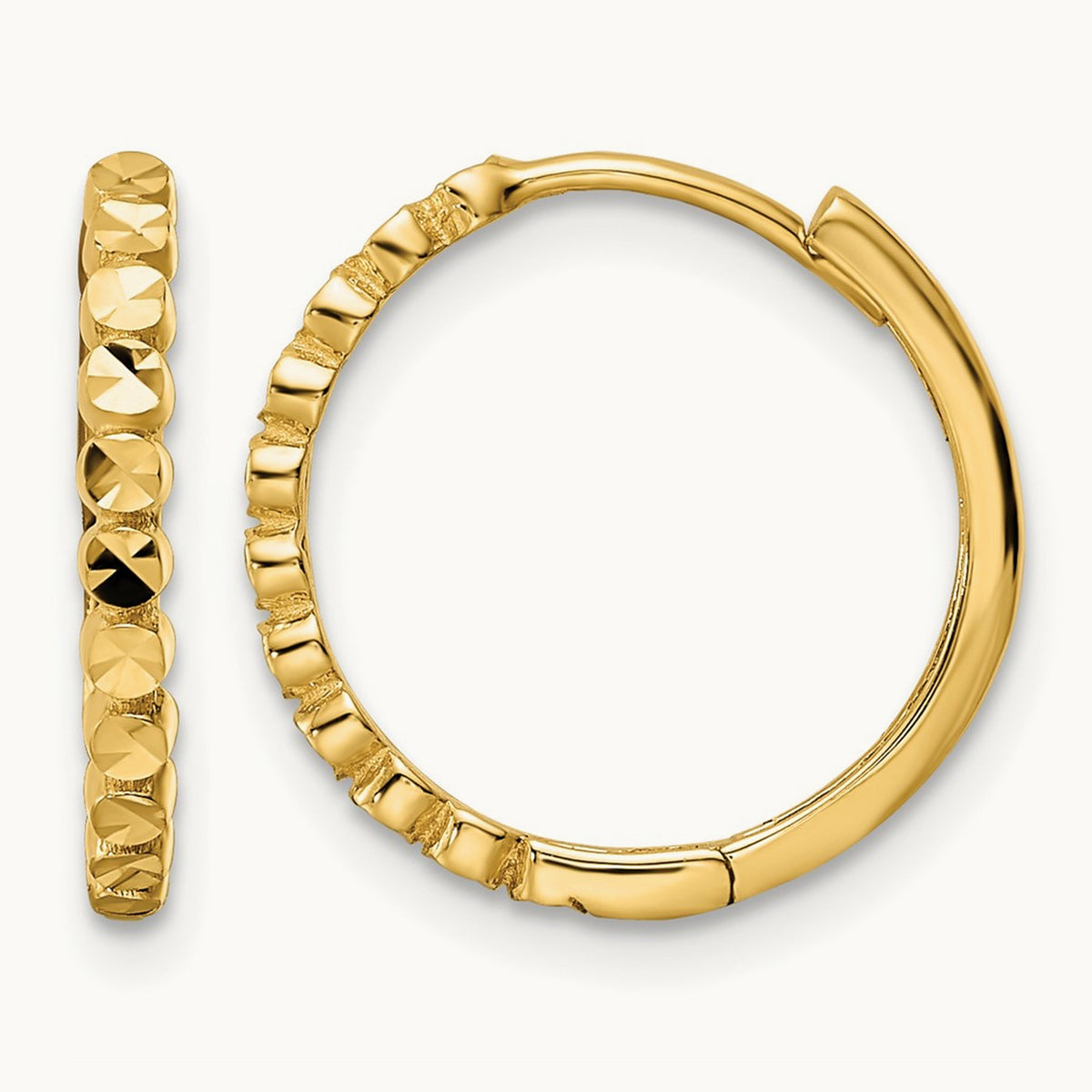 Diamond-cut Hinged Hoop Earrings — 14K Yellow Gold, 2x16mm