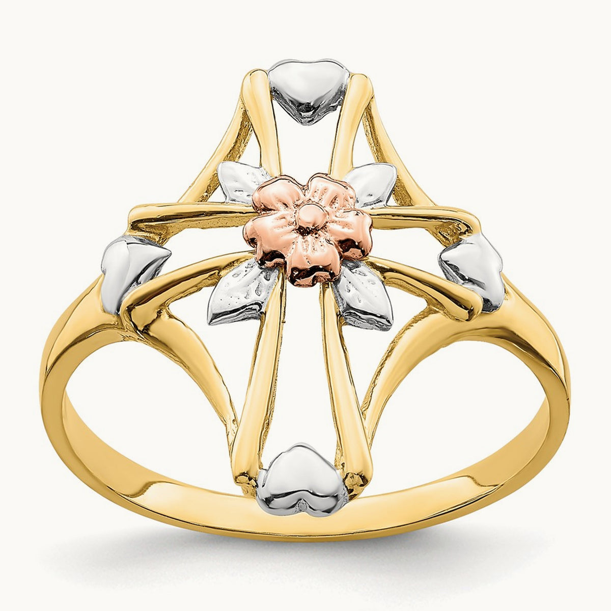 W/White Rhodium Polished Cross w/Flower Ring, 14K Two-tone