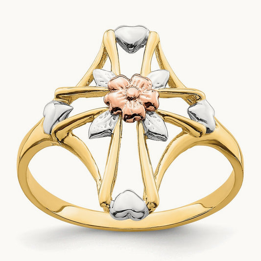 W/White Rhodium Polished Cross w/Flower Ring, 14K Two-tone