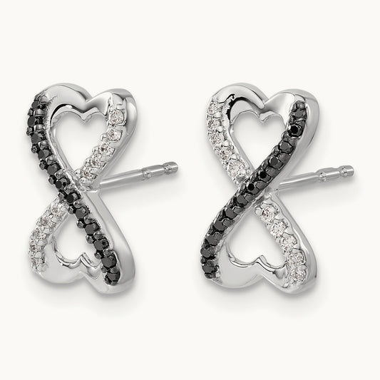 Black and White Diamond Infinity Heart Post Earrings, 14K White Gold