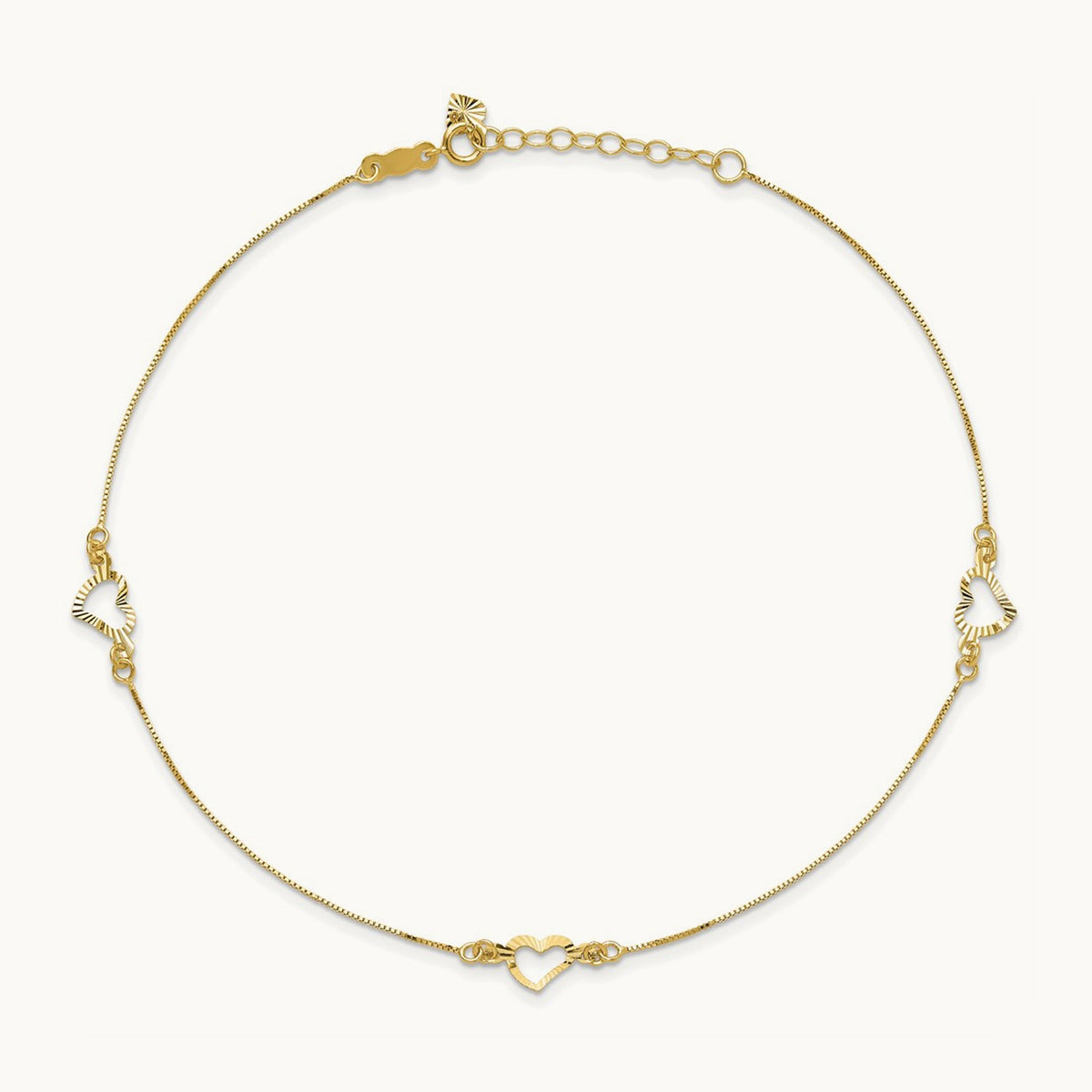 Diamond-cut Heart 10in Plus 1in ext. Anklet, 14K