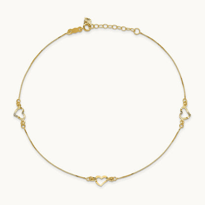 Diamond-cut Heart 10in Plus 1in ext. Anklet, 14K