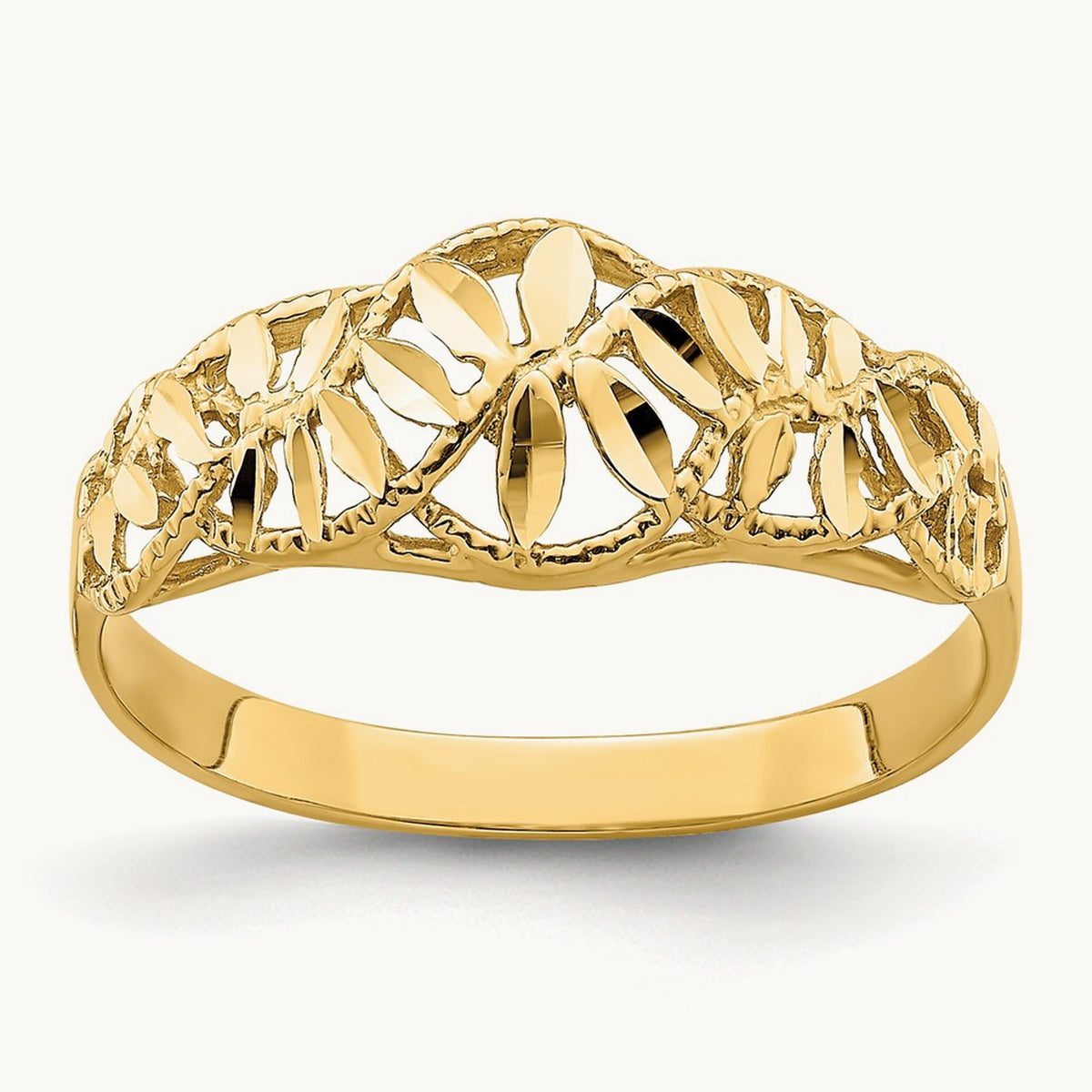 Diamond-cut Cut-Out Vine and Leaf Design Dome Ring, 14K