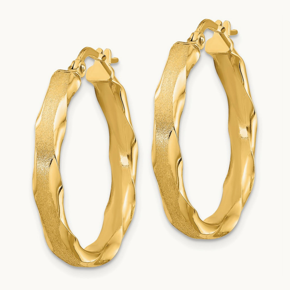 Satin and Polished Scalloped Edge Hoop Earrings — 14K Yellow Gold