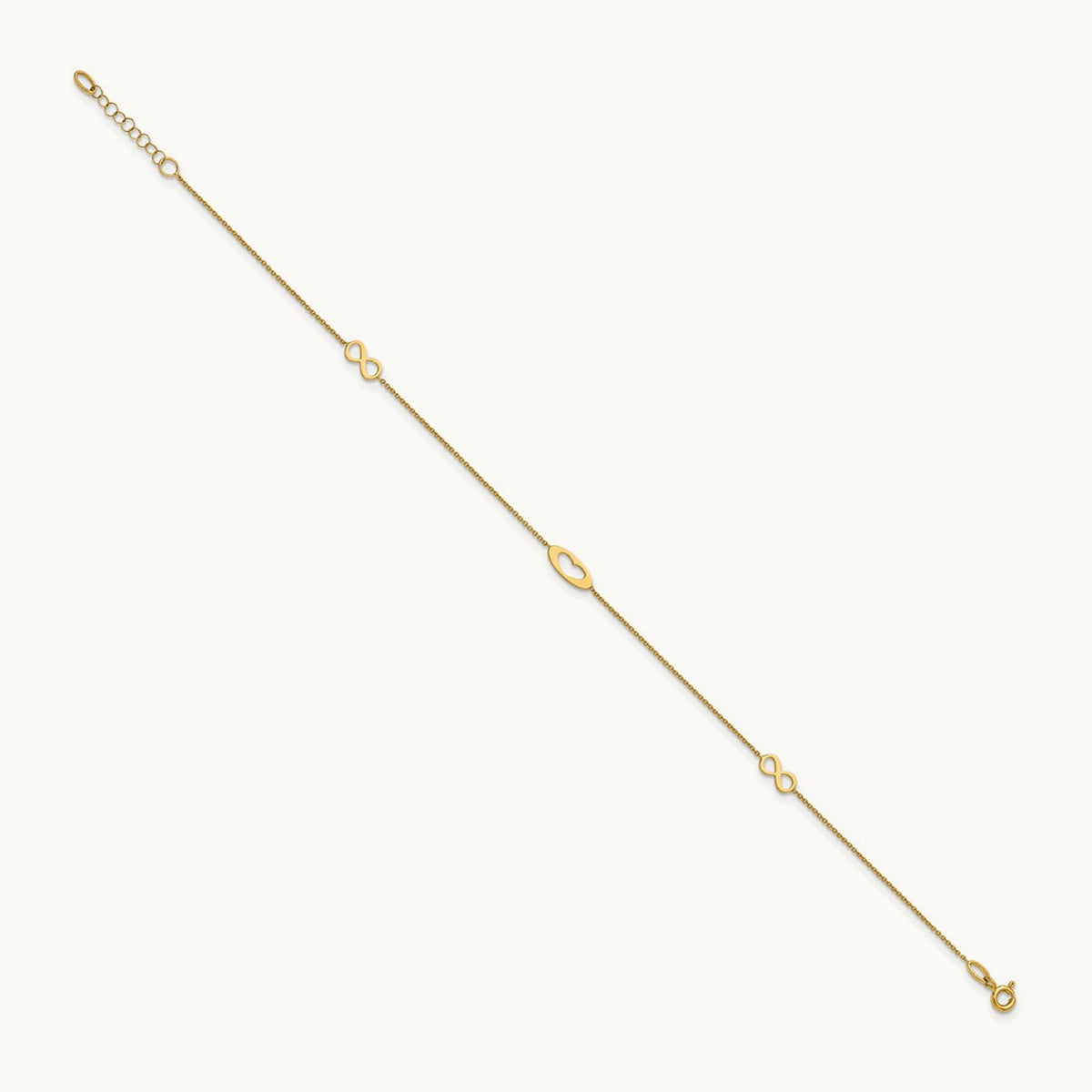Polished Infinity and Heart 9in Plus 1in ext Anklet, 14K