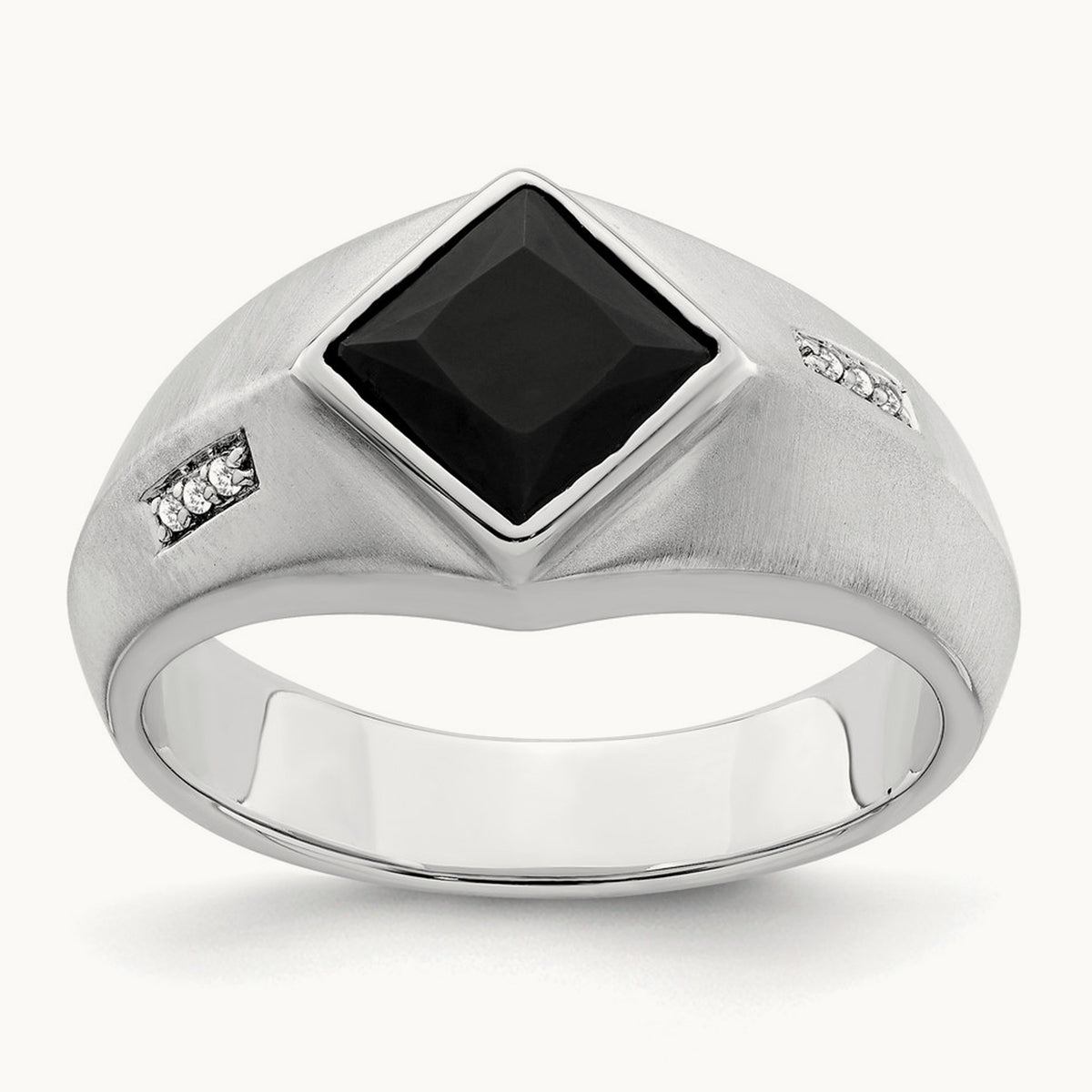 Onyx and Diamond Satin Men's Ring — 14K White Gold