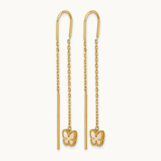 Polished Mother of Pearl Butterfly Cable Chain Threader Earrings, 14K