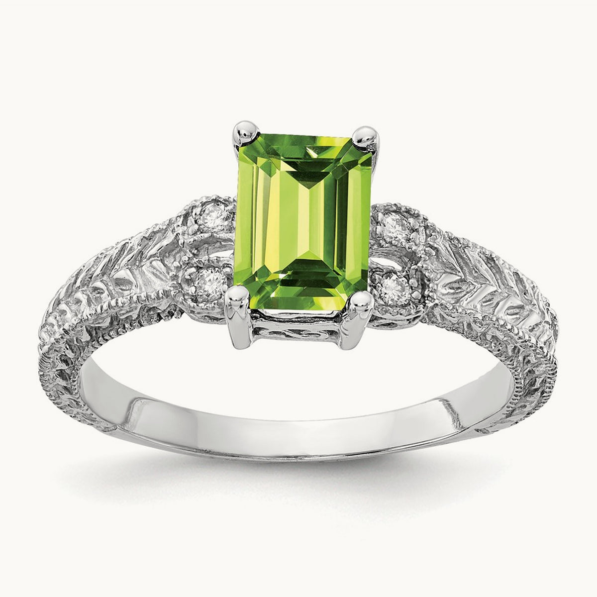 7x5mm Emerald Cut Peridot AA Diamond ring, 14K White Gold