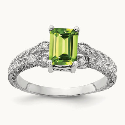 7x5mm Emerald Cut Peridot AA Diamond ring, 14K White Gold