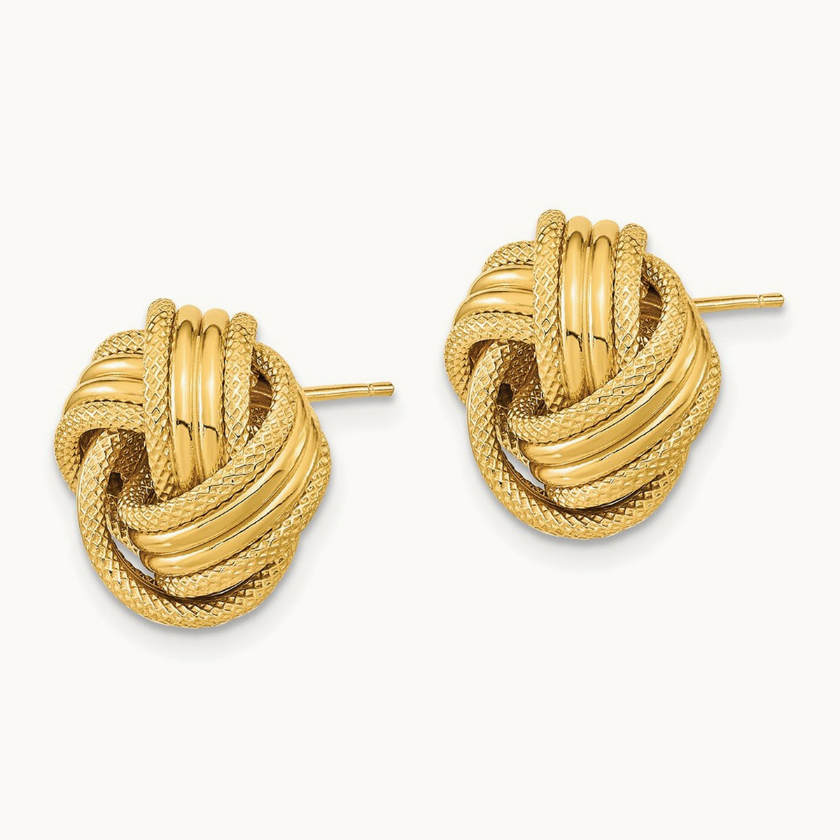 Polished Textured Love Knot Post Earrings — 14K Yellow Gold, 14mm