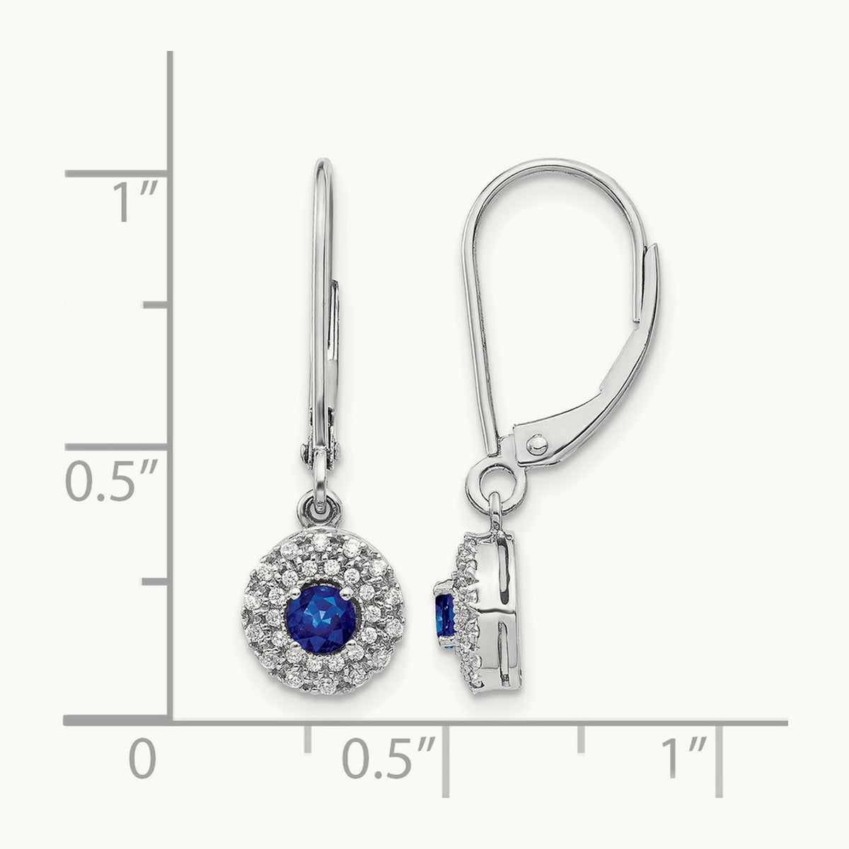 Diamond Halo Sapphire Leverback Dangle Earrings, 14K White Gold