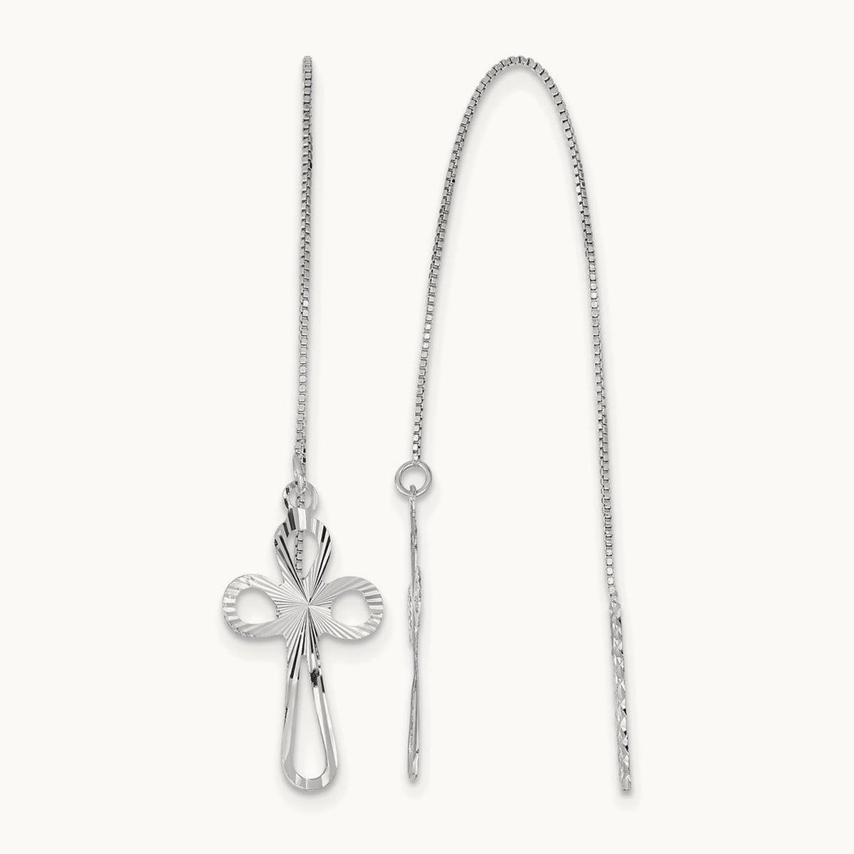 Polished Diamond-cut Box Chain with Cross Threader Earrings — 14K White Gold
