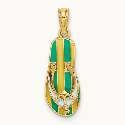 3D Enamel Anchor On Stripe Flip-Flop Charm, 14K
