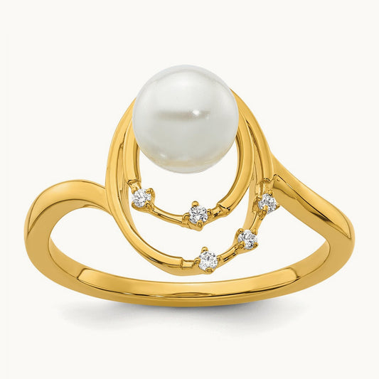 Polished Diamond and Pearl Ovals Fashion Ring, 14K