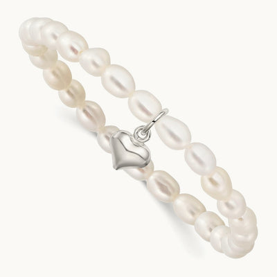Heart FW Cult. Pearl 5 inch Stretch Bracelet w/Gift Pouch, Sterling Silver