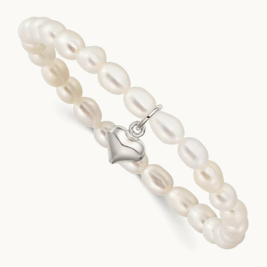 Heart FW Cult. Pearl 5 inch Stretch Bracelet w/Gift Pouch, Sterling Silver
