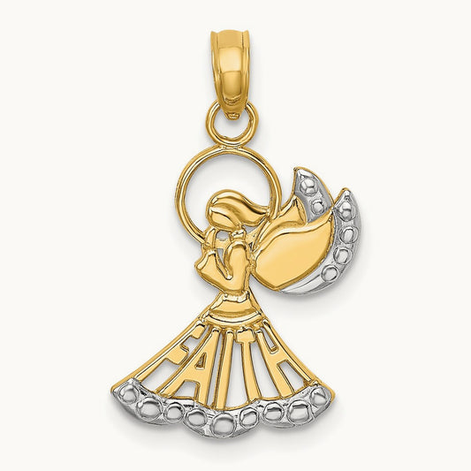 w/Rhodium Polished and Textured Angel W/ Faith Charm, 14K