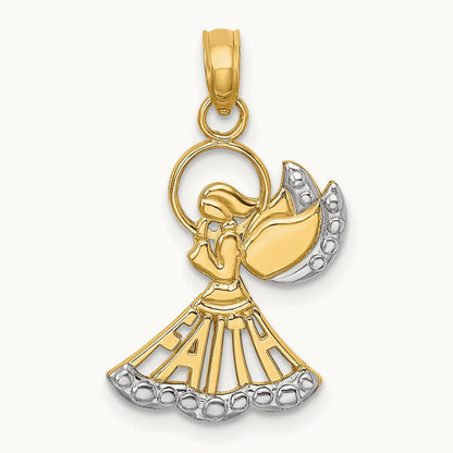 w/Rhodium Polished and Textured Angel W/ Faith Charm, 14K