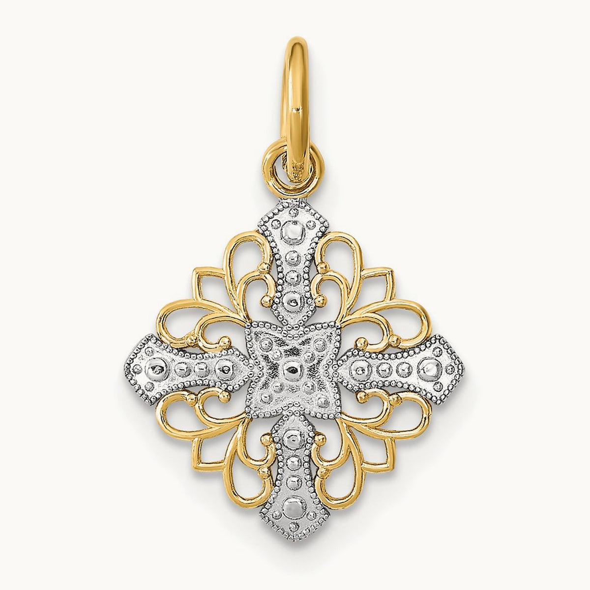 w/Rhodium and D/C Filigree Medallion Charm, 14K