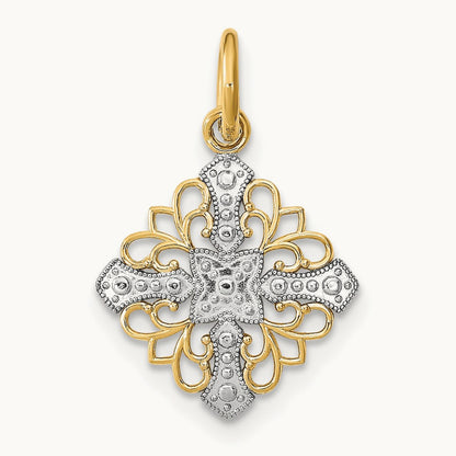 w/Rhodium and D/C Filigree Medallion Charm, 14K
