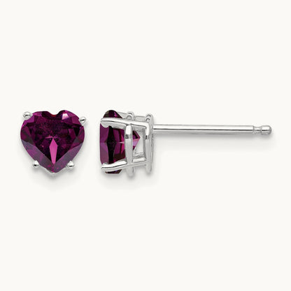 Heart Rhodolite Garnet Earrings, 5mm, 14K White Gold